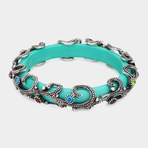NTW Turquoise Antique Metal Crystal Beaded Floral Tube Bangle Bracelet‎